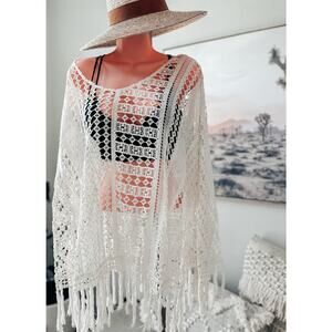 New boutique crochet knit slouchy layering fringed poncho coverup OS